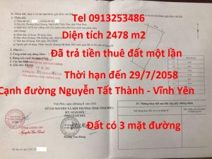 Bán đất đường Nguyễn Tất Thành - Vĩnh Yên - Vĩnh Phúc có diện tích 2.478 m2, nhưng diện tích thực tế 3.200 m2. Đất tiếp giáp 3 tuyến đường
