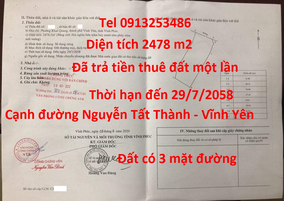 Bán đất đường Nguyễn Tất Thành - Vĩnh Yên - Vĩnh Phúc có diện tích 2.478 m2, nhưng diện tích thực tế 3.200 m2. Đất tiếp giáp 3 tuyến đường