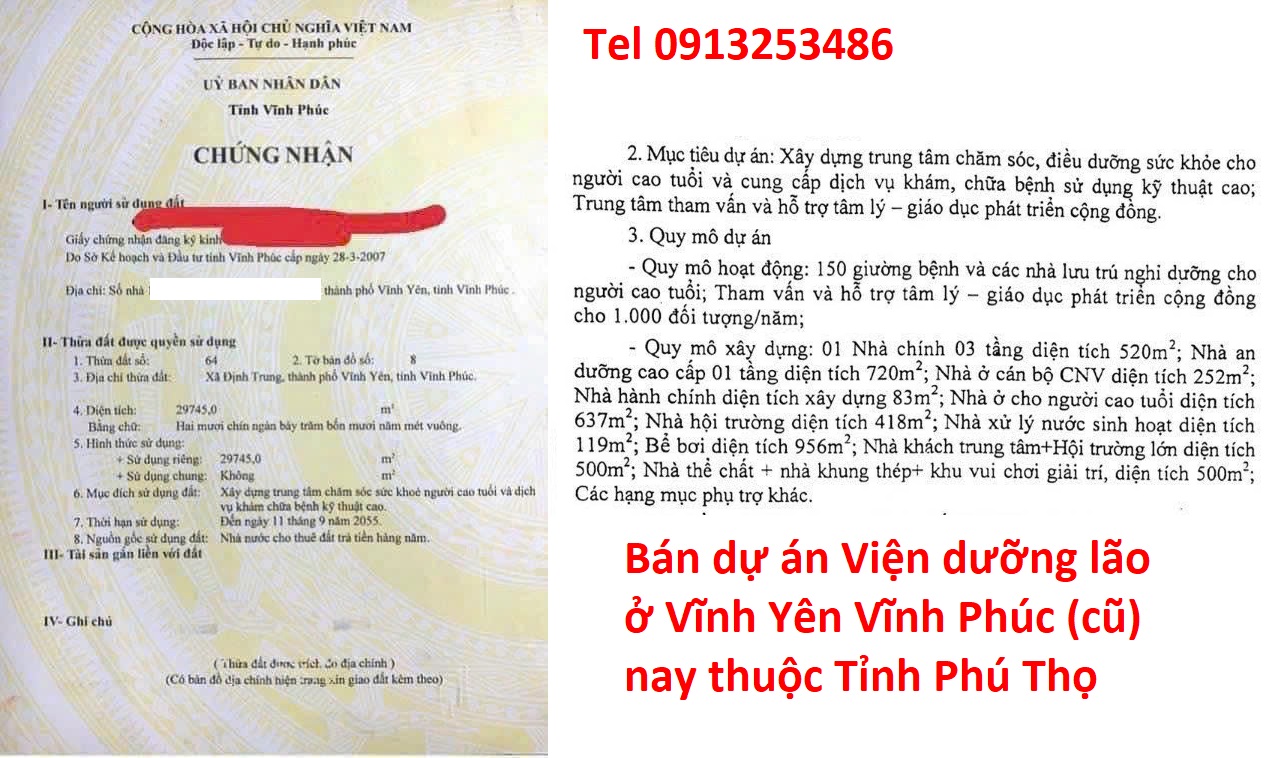 Bán 3 ha viện dưỡng lão ở Vĩnh Yên - Tỉnh Vĩnh Phúc (cũ) nay thuộc Tỉnh Phú Thọ