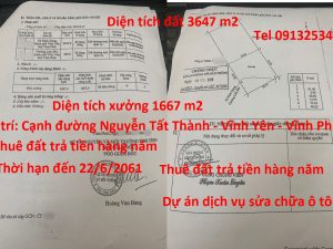 Bán 3.647 m2 đất ở Vĩnh Yên (đất thương mại dịch vụ)của dự án dịch vụ sửa chữa ô tô