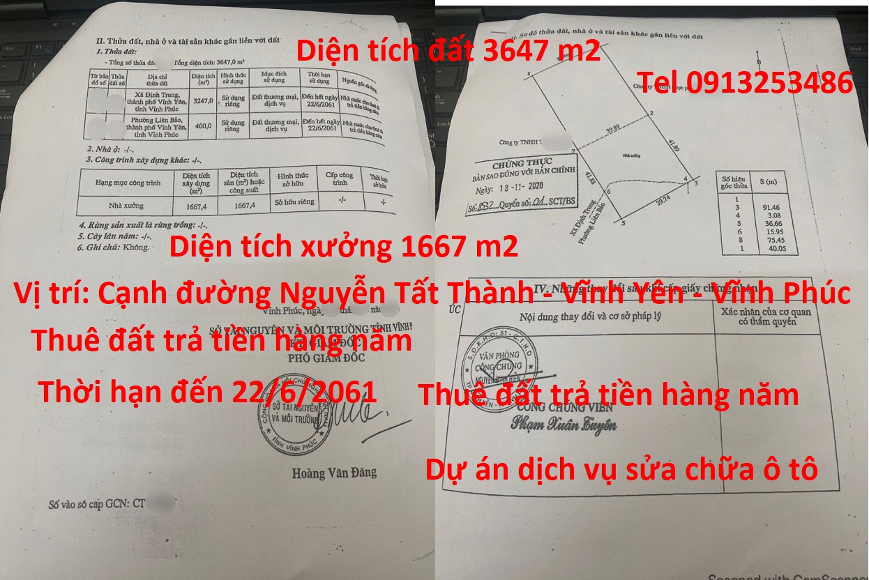 Bán 3.647 m2 đất ở Vĩnh Yên (đất thương mại dịch vụ)của dự án dịch vụ sửa chữa ô tô