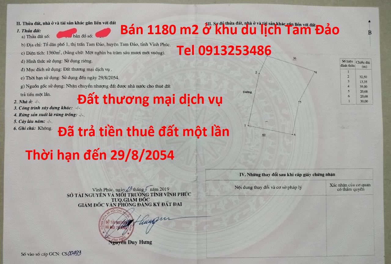 Bán 1180 m2 đất thương mại dịch vụ ở khu du lịch Tam Đảo - Vĩnh Phúc