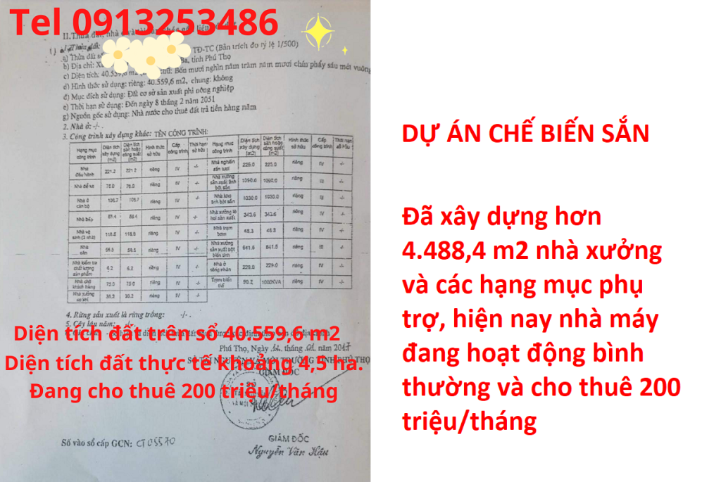 Bán đất và nhà xưởng Thanh Ba - Phú Thọ của dự án nhà máy chế biến sắn