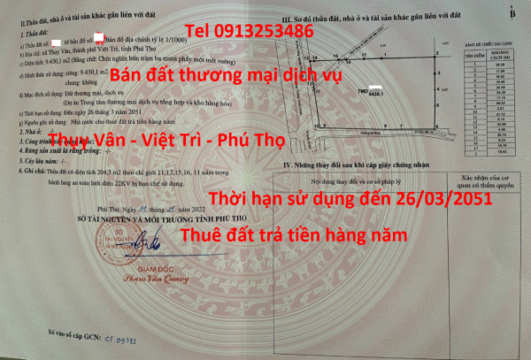 Bán 9430 m2 đất thương mại dịch vụ ở xã Thụy Vân - Việt Trì - Phú Thọ