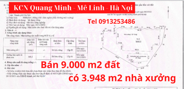 Bán 9000 m2 đất có 3.398 m2 nhà xưởng KCN Quang Minh - Mê Linh - Hà Nội