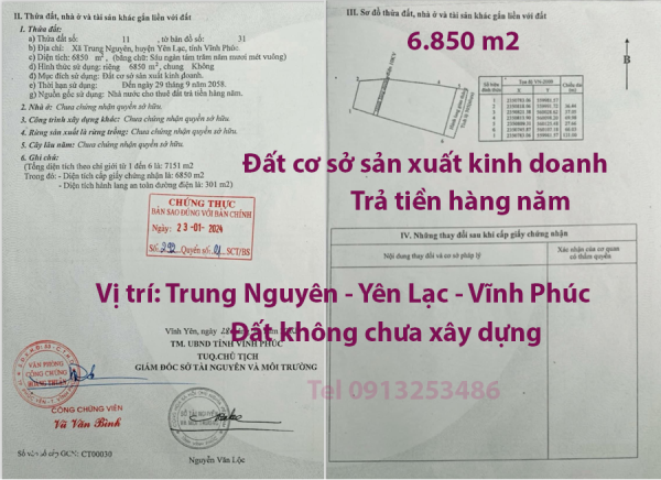 Bán 6850 m2 đất Trung Nguyên - Yên Lạc - Vĩnh Phúc (đất cơ sở sản xuất kinh doanh)