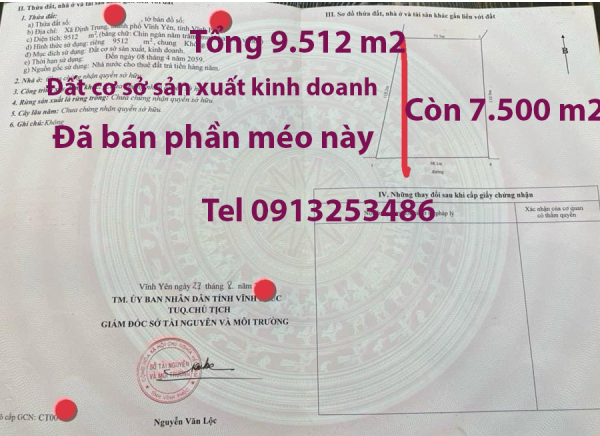 Bán 7500 m2 đất Định TRung - Vĩnh Yên - Vĩnh Phúc (đất cơ sở sản xuất kinh doanh)