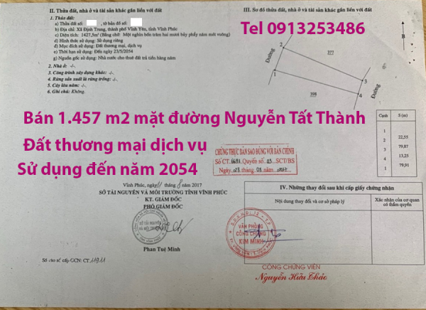 Bán 1457 m2 Nguyễn Tất Thành - Vĩnh Yên - Vĩnh Phúc