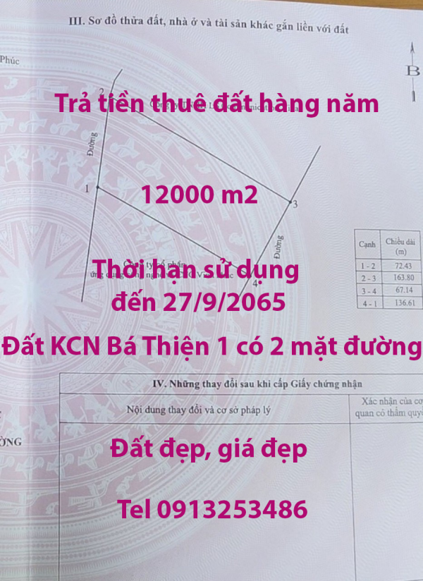 Bán 12000 m2 khu Bá Thiện 1 - Bình Xuyên - Vĩnh Phúc