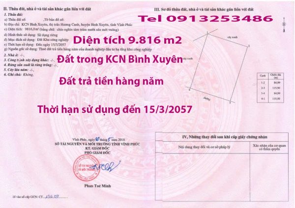 Bán 9816 m2 Bình Xuyên (đất trong khu công nghiệp Bình Xuyên - Vĩnh Phúc)
