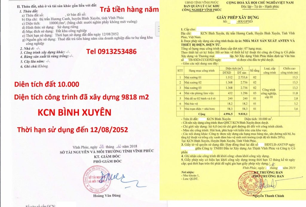 Bán 10000 m2 nhà xưởng khu công nghiệp Bình Xuyên