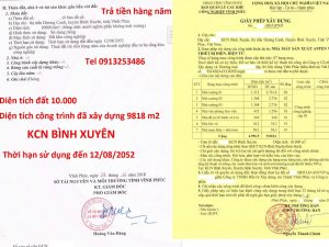 Bán 10000 m2 nhà xưởng khu công nghiệp Bình Xuyên