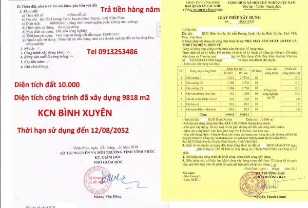 Bán 10000 m2 nhà xưởng khu công nghiệp Bình Xuyên