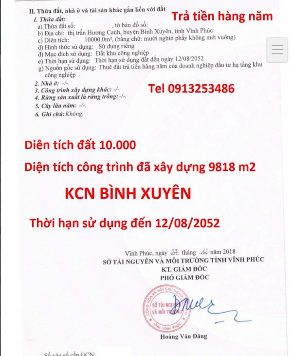 Bán 10000 m2 đất nhà xưởng khu công nghiệp Bình Xuyên