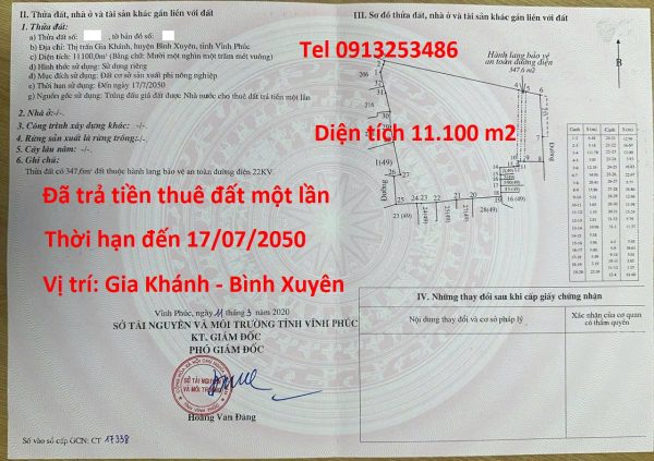 Bán 11100 m2 đất Gia Khánh - Bình Xuyên - Vĩnh PHúc