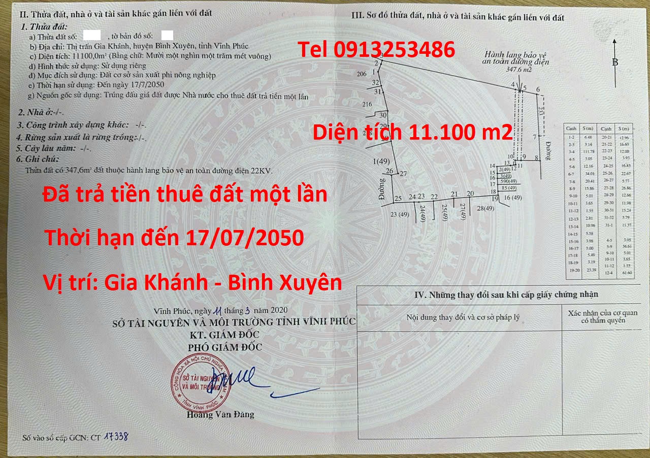 Bán 11100 m2 đất Gia Khánh - Bình Xuyên - Vĩnh PHúc