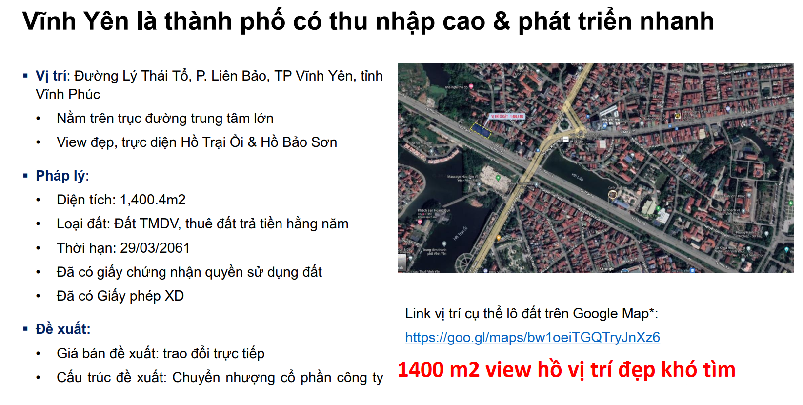 Bán 1400 m2 đất bên cạnh đường Lý Thái Tổ Vĩnh Yên đã có giấy phép xây dựng, đầy đủ giấy tờ pháp lý