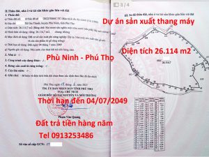 Bán 26114 m2 đất Phù Ninh của dự án sản xuất thang máy và các sản phẩm liên quan
