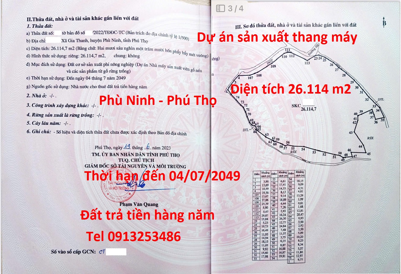 Bán 26114 m2 đất Phù Ninh của dự án sản xuất thang máy và các sản phẩm liên quan