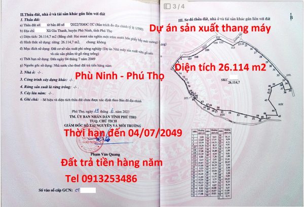 Bán 26114 m2 đất Phù Ninh - Phú Thọ của dự án sản xuất thang máy
