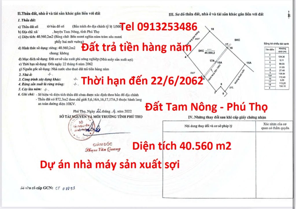 Bán 40560 m2 đât Tam Nông Phú Thọ của dự án nhà máy sản xuất sợi