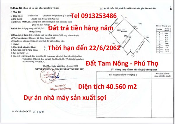 Bán 40560 m2 đât Tam Nông Phú Thọ của dự án nhà máy sản xuất sợi