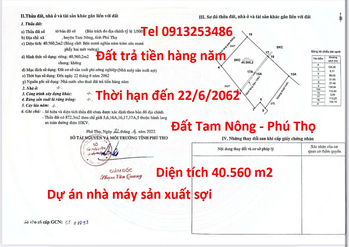 Bán 40560 m2 đất Tam Nông Phú Thọ của dự án nhà máy sản xuất sợi