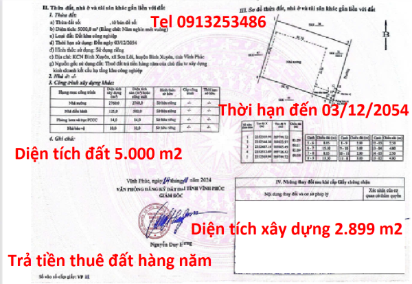 Bán 5000 m2 đất có 2899 m2 nhà xưởng và phụ trợ ở khu công nghiệp Bình Xuyên - Vĩnh phúc.