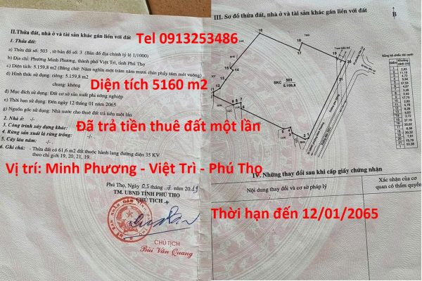 Bán 5160 m2 đất ở Minh Phương gần KCN Thụy Vân - Việt Trì - Phú Thọ