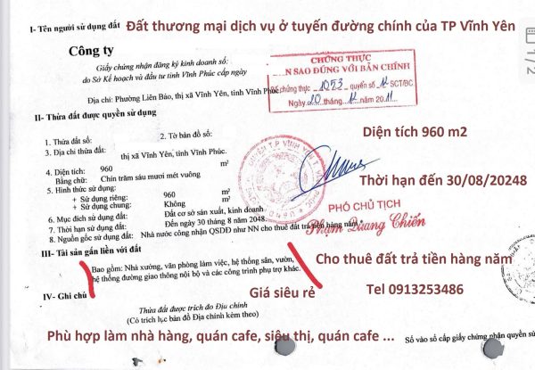 Bán 960 m2 đất đường Hùng Vương - Vĩnh Yên - Vĩnh Phúc (đất thương mại dịch vụ)