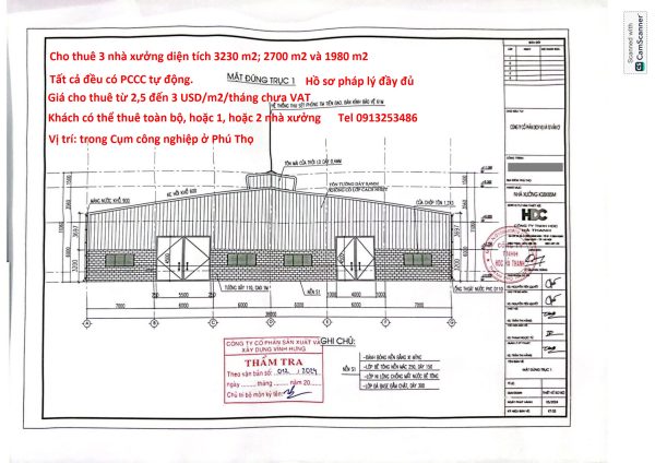 Cho thuê 7910 m2 nhà xưởng trong Cụm công nghiệp của tỉnh Phú Thọ