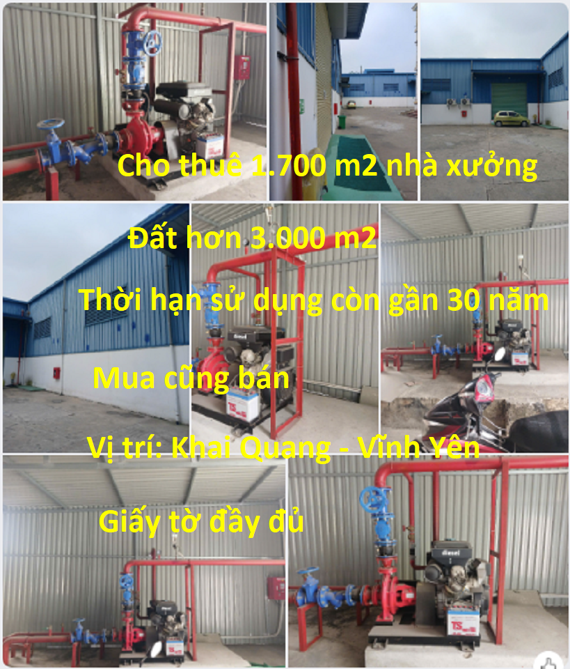 Cho thuê hoặc bán 1700 m2 nhà xưởng ở Khai Quang - Vinhhx Yên - Vĩnh Phúc