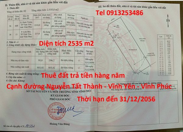 Bán 2535 m2 đất Nguyễn Tất Thành - Vĩnh Yên - Vĩnh Phúc là đất sản xuất phi nông nghiệp
