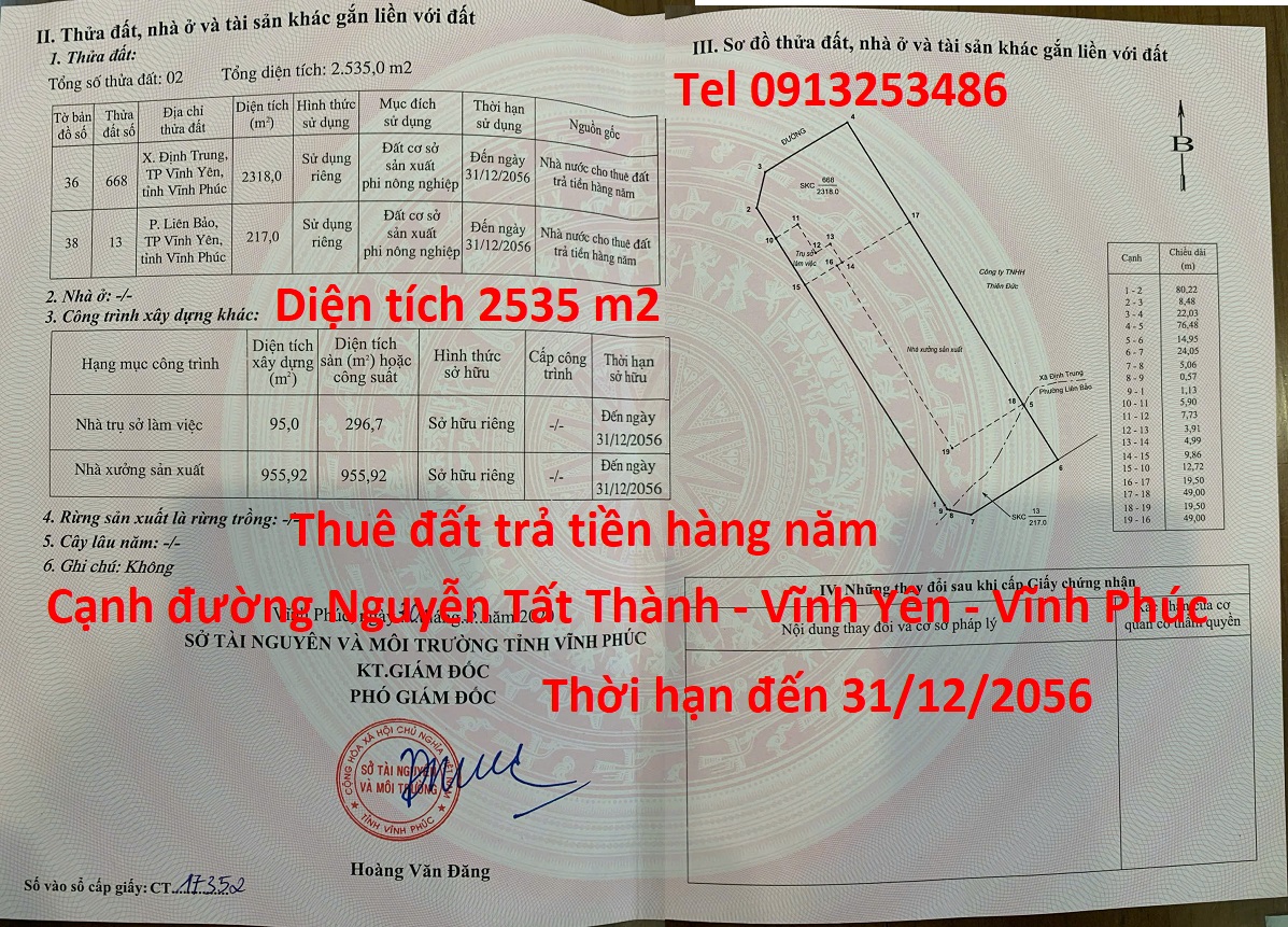 Bán 2535 m2 đất Nguyễn Tất Thành - Vĩnh Yên - Vĩnh Phúc là đất sản xuất phi nông nghiệp