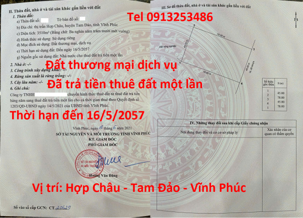 Bán 3510 m2 đất thương mại dịch vụ cùng 2100 m2 nhà xưởng ở Thị trấn Hợp Châu - Tam Đảo