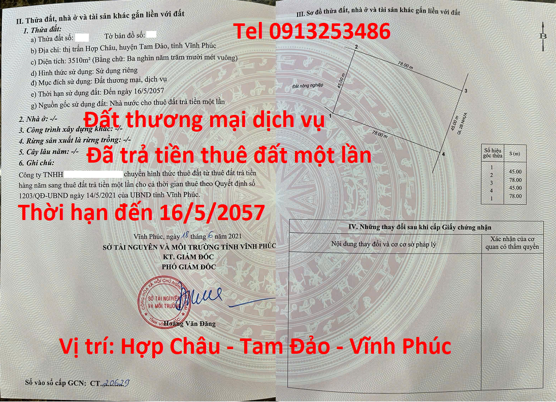Bán 3510 m2 đất thương mại dịch vụ cùng 2100 m2 nhà xưởng ở Thị trấn Hợp Châu - Tam Đảo