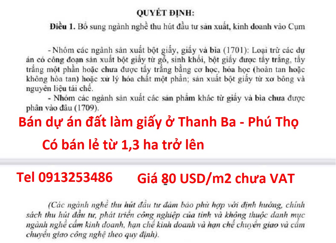 Bán 10 ha dự án sản xuất giấy ở Thanh Ba - Phú Thọ. Có thể cắt bán lẻ từ 1,3 ha trở lên