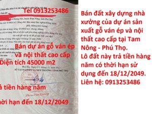 Bán 45000 m2 đất xây dựng nhà xưởng dự án sản xuất gỗ ván ép và nội thất cao cấp ở Tam Nông - Phú Thọ