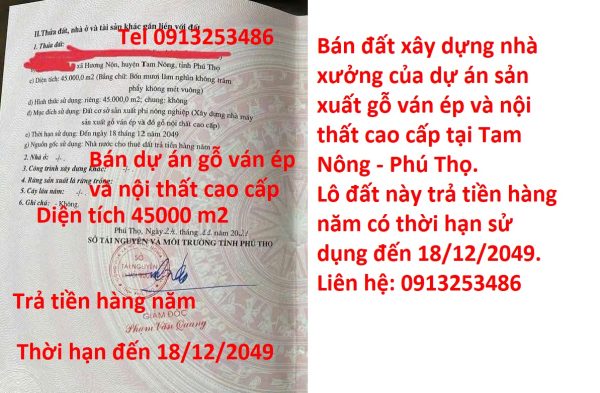 Bán 45000 m2 đất xây dựng nhà xưởng dự án sản xuất gỗ ván ép và nội thất cao cấp ở Tam Nông - Phú Thọ