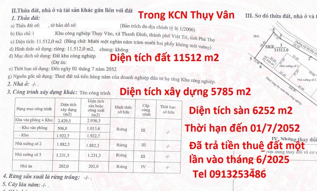 Bán nhà xưởng trong khu công nghiệp Thụy Vân - Việt Trì - Phú Thọ. Lô đất này đã hoàn thành việc trả tiền thuê đất một lần vào tháng 6/2025