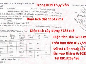 Bán nhà xưởng trong khu công nghiệp Thụy Vân - Việt Trì - Phú Thọ. Lô đất này đã hoàn thành việc trả tiền thuê đất một lần vào tháng 6/2025