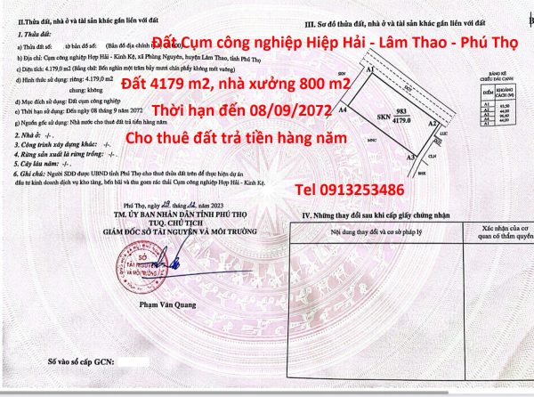 Chuyển nhượng xưởng Cụm công nghiệp Hiệp Hải - Lâm Thao - Phú Thọ với diện tích nhà xưởng 800 m2 cùng lô đất 4197 m2