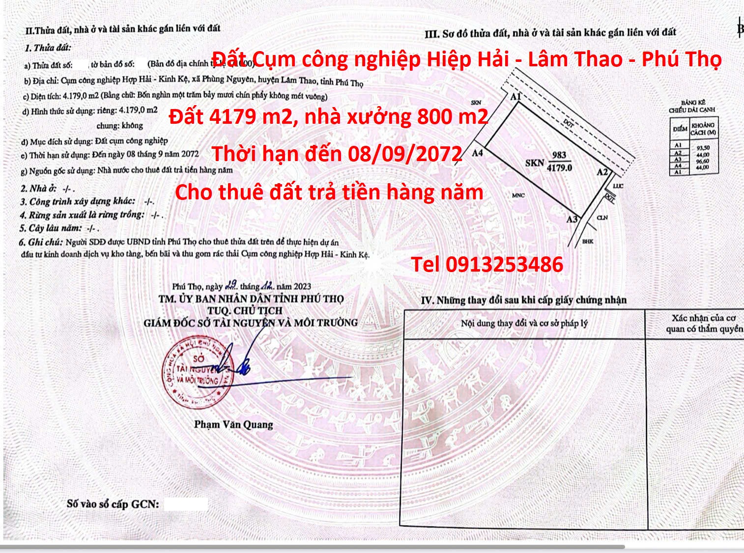 Chuyển nhượng xưởng Cụm công nghiệp Hiệp Hải - Lâm Thao - Phú Thọ với diện tích nhà xưởng 800 m2 cùng lô đất 4197 m2