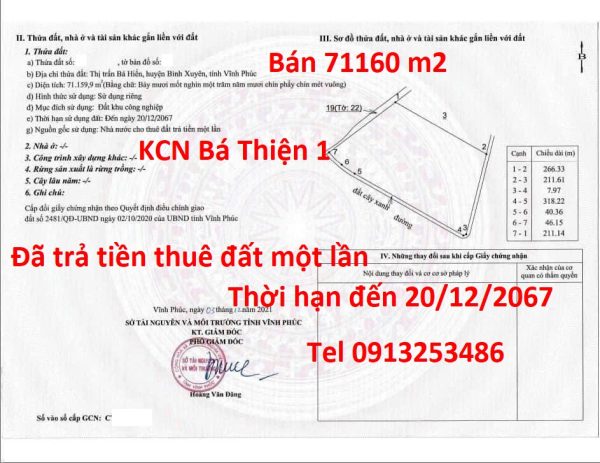 Bán 71160 m2 đất khu công nghiệp Bá Thiện - Bình Xuyên - Vĩnh Phúc