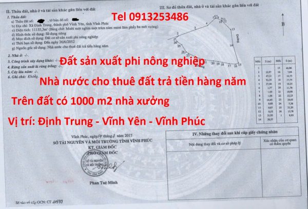 Bán 11155 m2 đất sản xuất phi nông nghiệp cùng 1000 m2 nhà xưởng ở Định Trung - Vĩnh Yên - Vĩnh Phúc