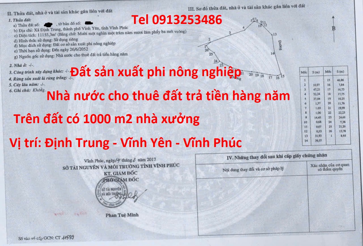 Bán 11155 m2 đất sản xuất phi nông nghiệp cùng 1000 m2 nhà xưởng ở Định Trung - Vĩnh Yên - Vĩnh Phúc