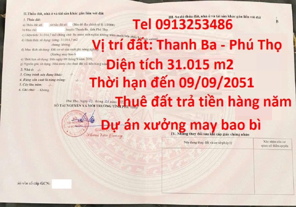 Bán dự án may bao bì xuất khẩu ở Thanh Ba - Phú Thọ với diện tích đất 31015 m2