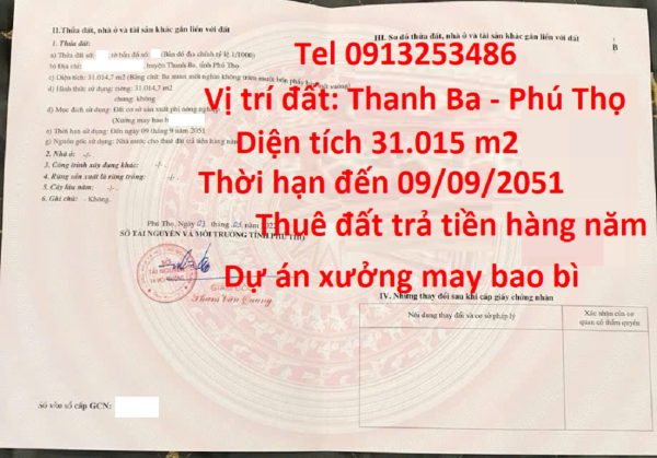 Bán dự án may bao bì xuất khẩu ở Thanh Ba - Phú Thọ với diện tích đất 31015 m2