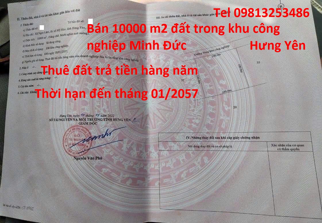 Bán 10000 m2 đất trong khu công nghiệp MInh Đức Hưng Yên