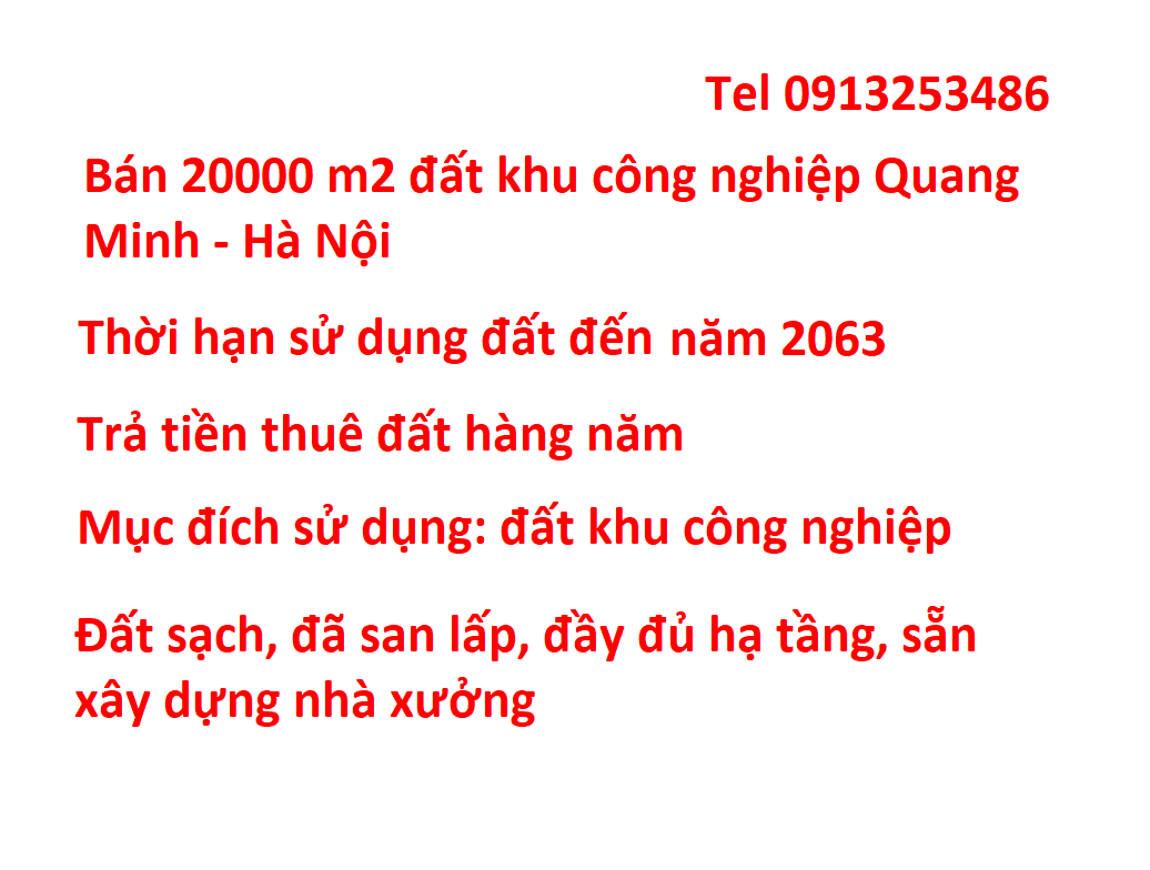 Bán 20000 m2 đất ở khu công nghiệp Quang Minh có thời hạn sử dụng đất đến năm 2063